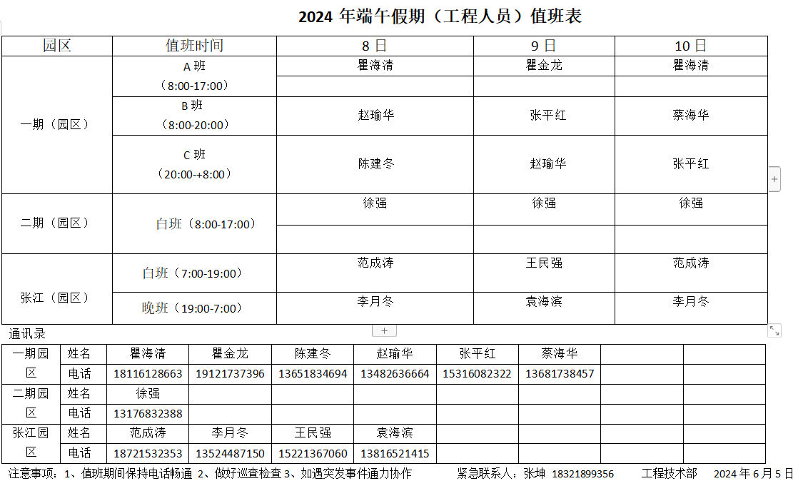 假期工程人员值班表